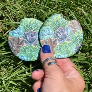 Green & Pink Succulent Car Coasters 2 Pack